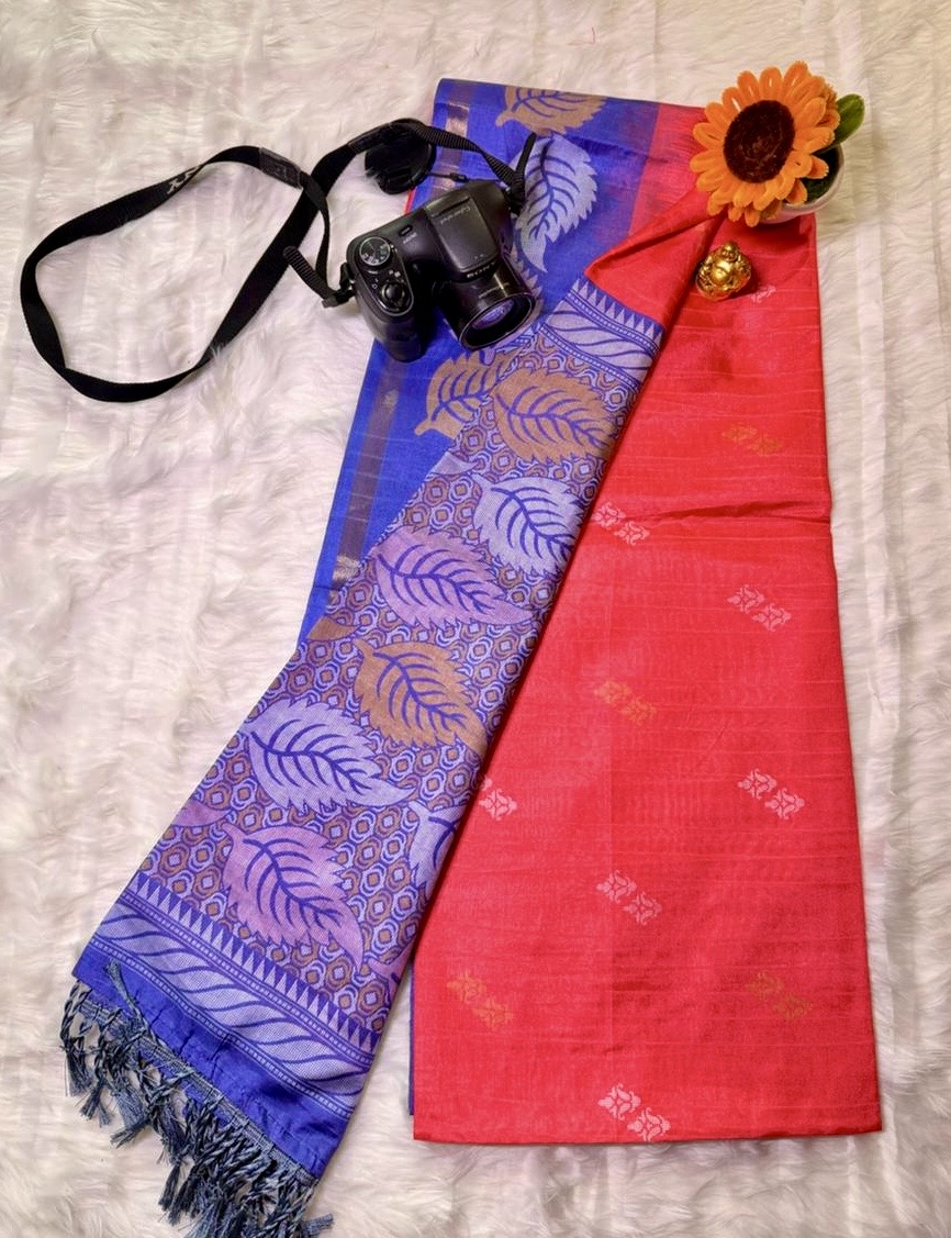 Sandya degital print saree coral red with purple