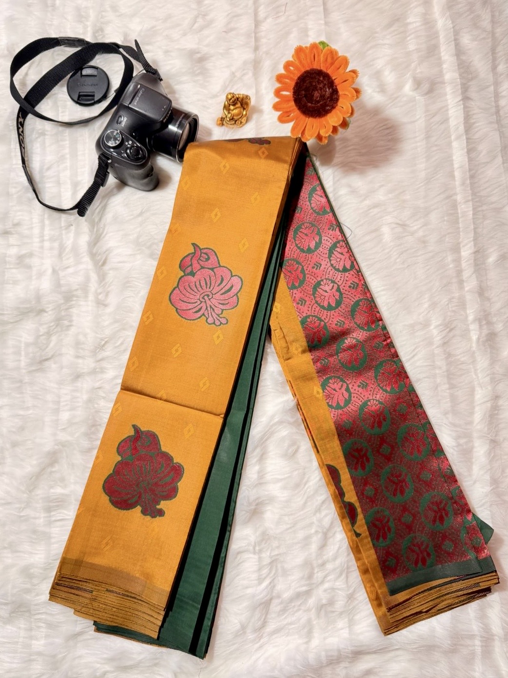 Kalani silk mustard yellow with green