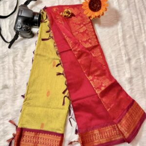 Kalyani cotton lime green with vibrant red