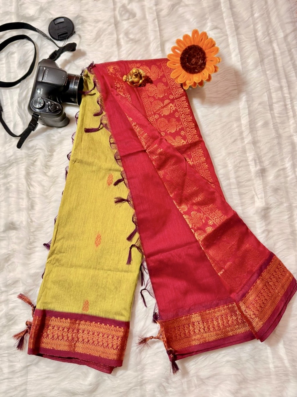 Kalyani cotton lime green with vibrant red