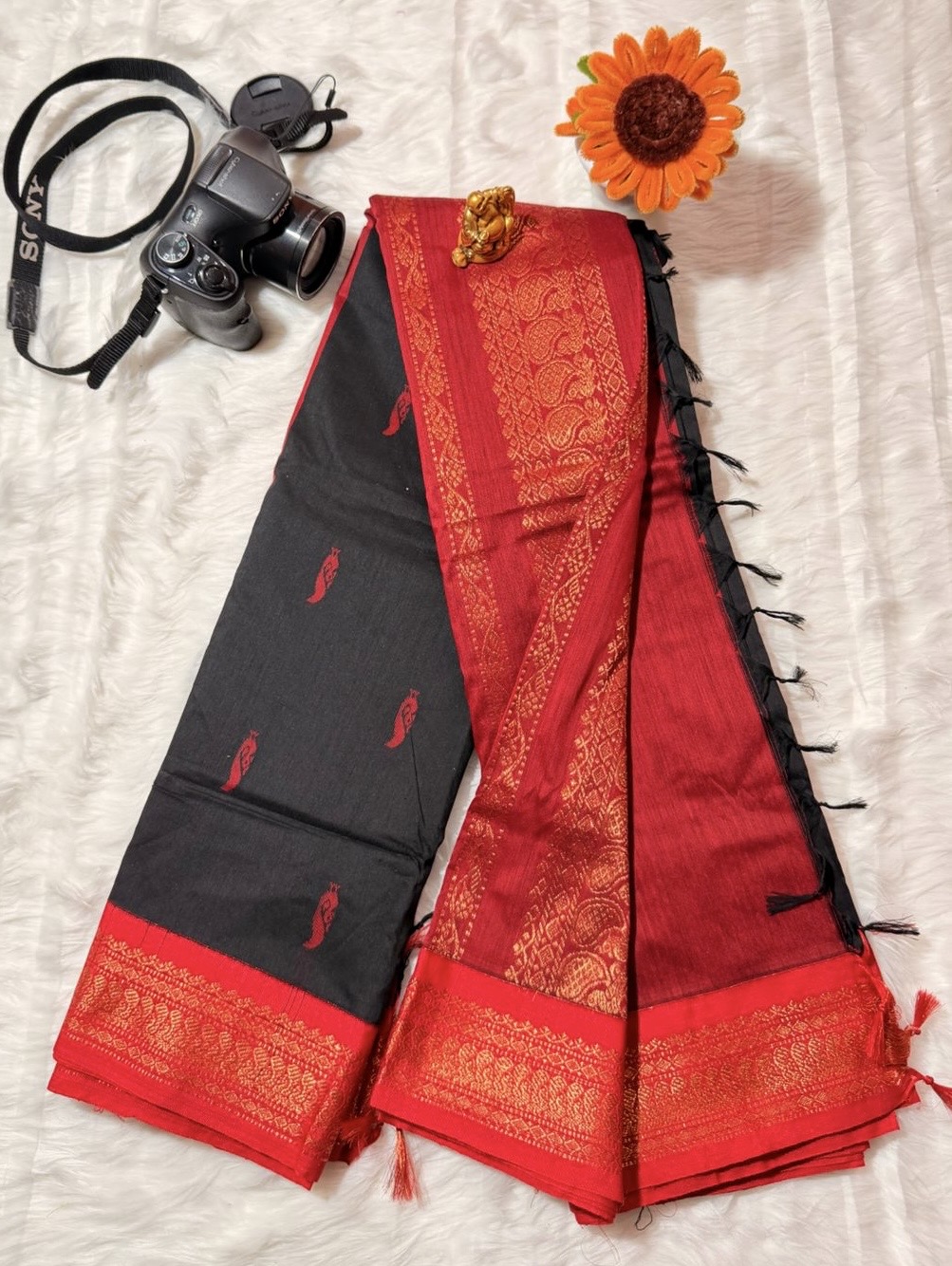 Kalyani cotton black with bright red