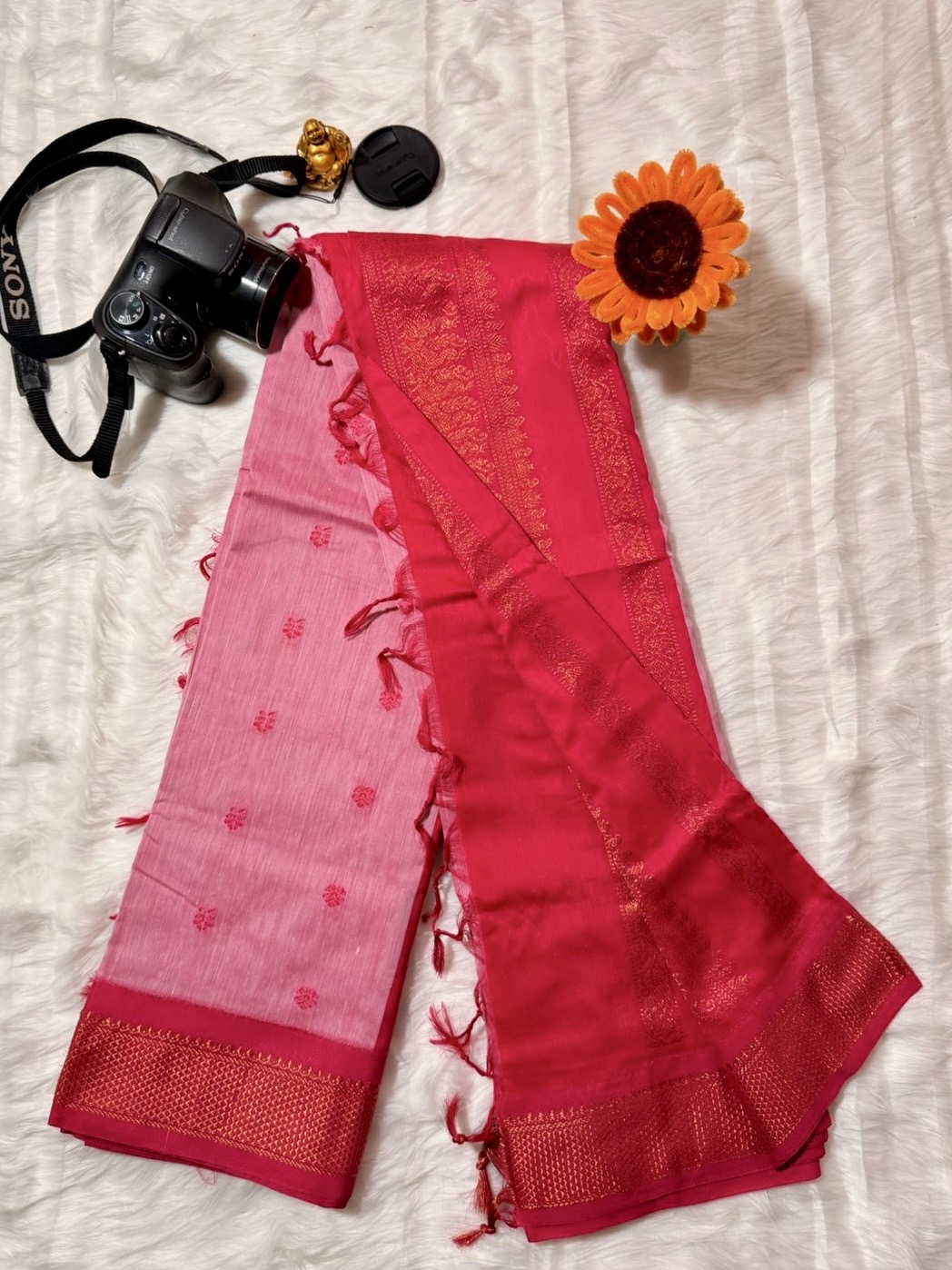 Kalyani cotton light pink with bright red