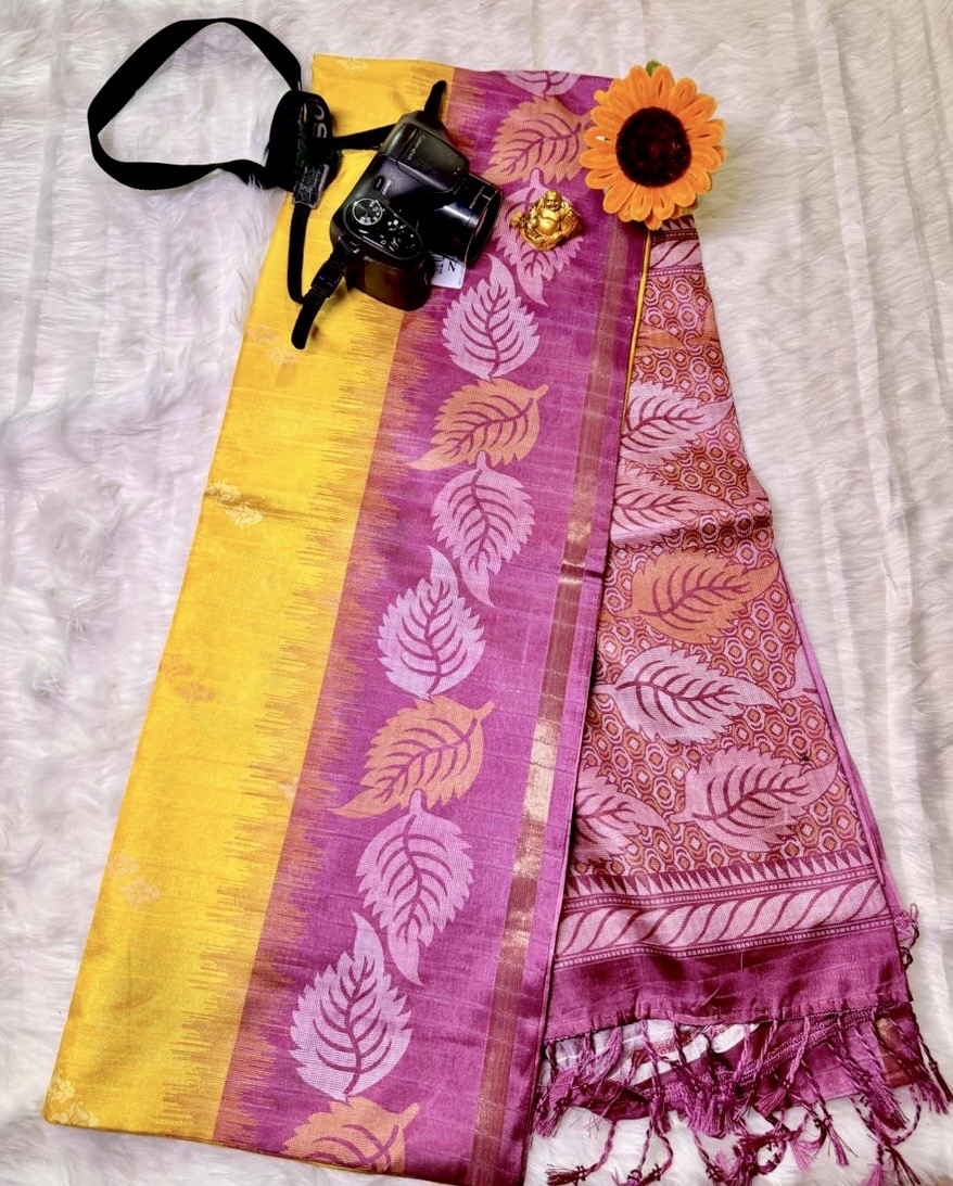 Sandya degital print saree yellow with pink