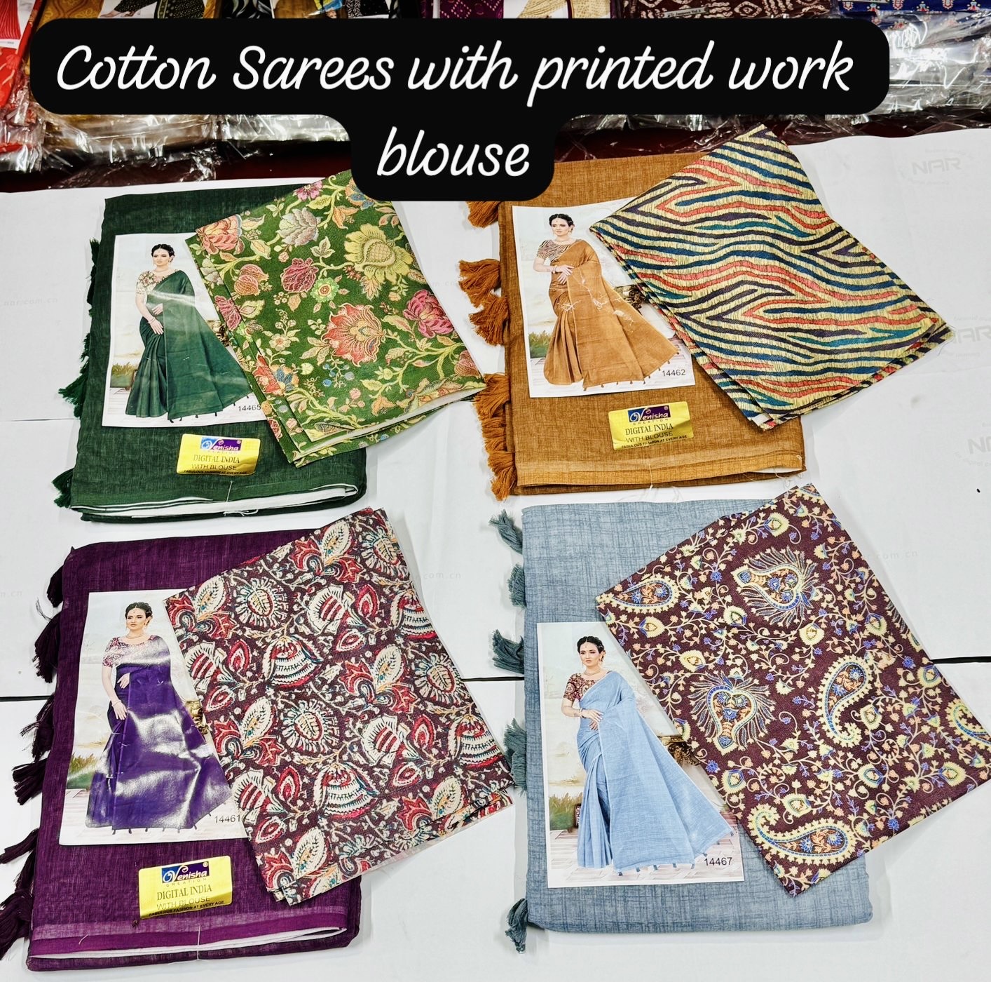 Cotton saree with printed blouse (Green)