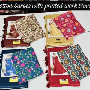 Cotton saree with printed blouse ( Red)