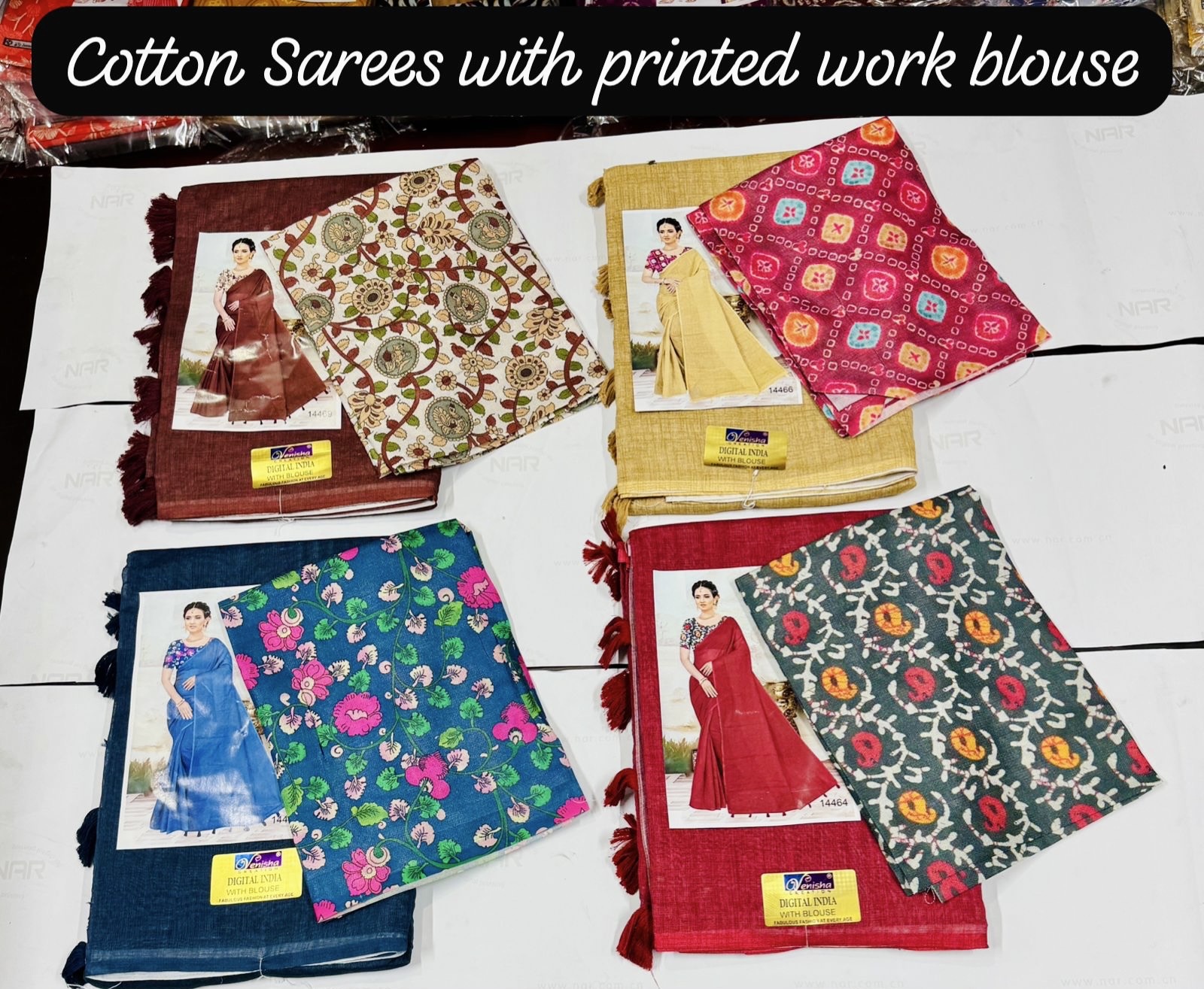 Cotton saree with printed blouse ( Red)