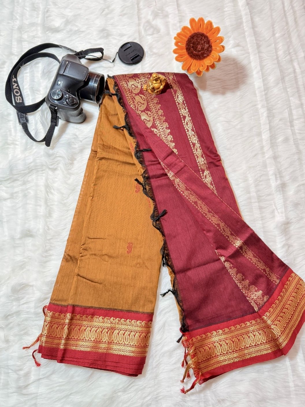 Kalyani cotton Mustard Yellow with maroon red