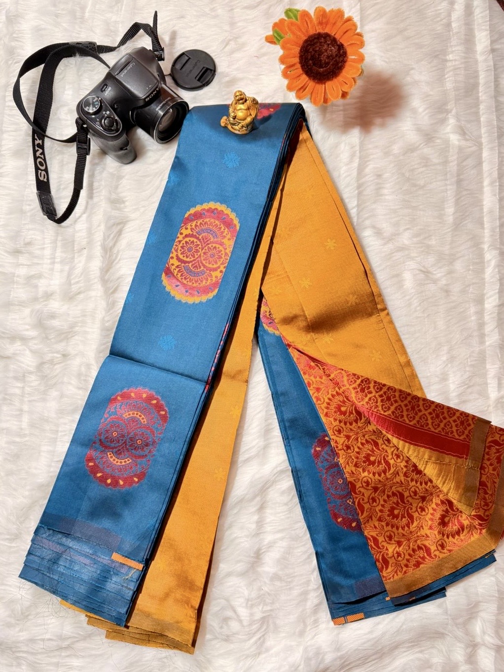 Kalani silk mustard yellow with blue