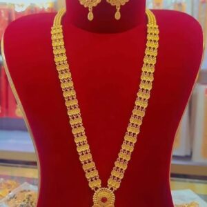 Lakshmi Pendant Long Jewelry Set with Pink Stones