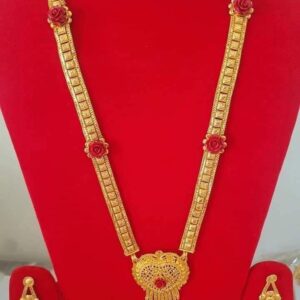 Long Geometric Chain Jewelry Set with Red Flowers