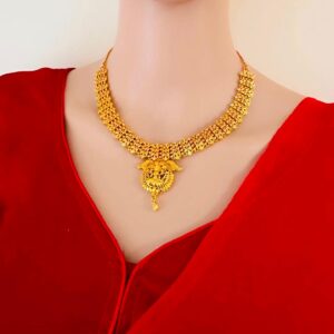 Gold Filigree Mesh Necklace with Lakshmi Pendant